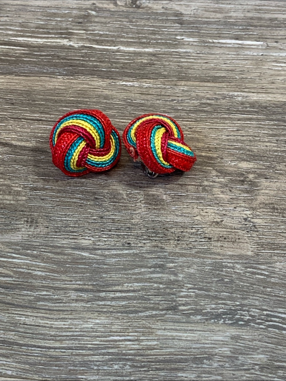 Vintage Red, Yellow & Blue Woven Knot Clip Earrings